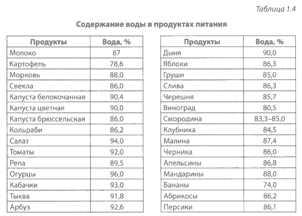 Таблица 1.4 Содержание воды в продуктах питания