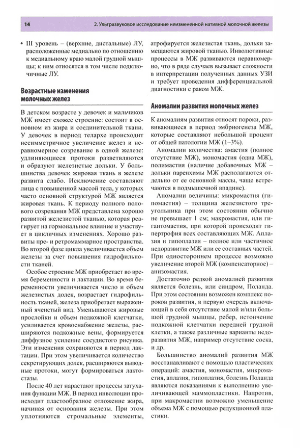 Пример страницы из книги "Руководство по ультразвуковому исследованию молочных желез до увеличивающей маммопластики и после неё" - Фисенко Е. П., Ветшева Н. Н.