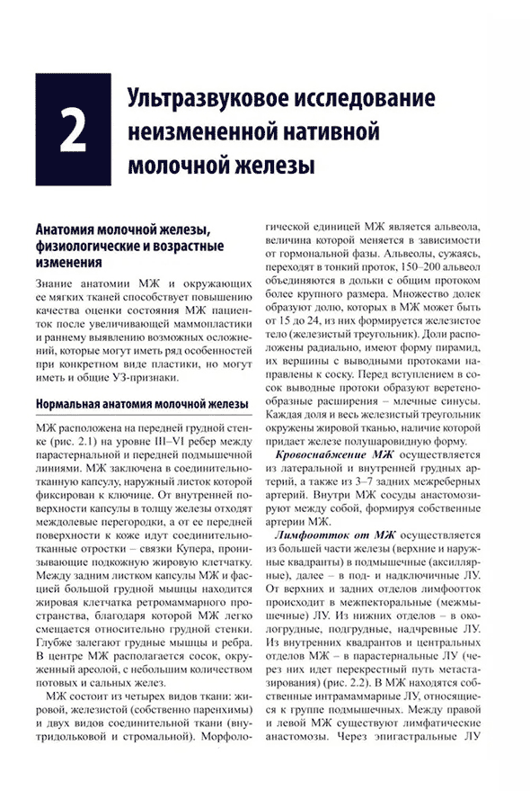 Пример страницы из книги "Руководство по ультразвуковому исследованию молочных желез до увеличивающей маммопластики и после неё" - Фисенко Е. П., Ветшева Н. Н.