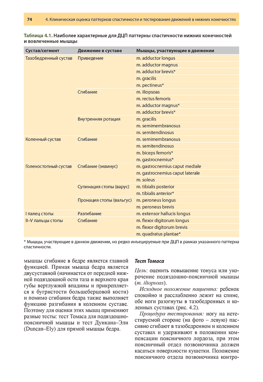 Таблица 4.1. Наиболее характерные для ДЦП паттерны спастичности нижних конечностей и вовлеченные мышцы