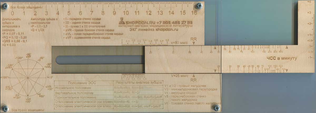 ЭКГ-линейка деревянная раздвижная предназначена для расшифровки электрокардиограммы