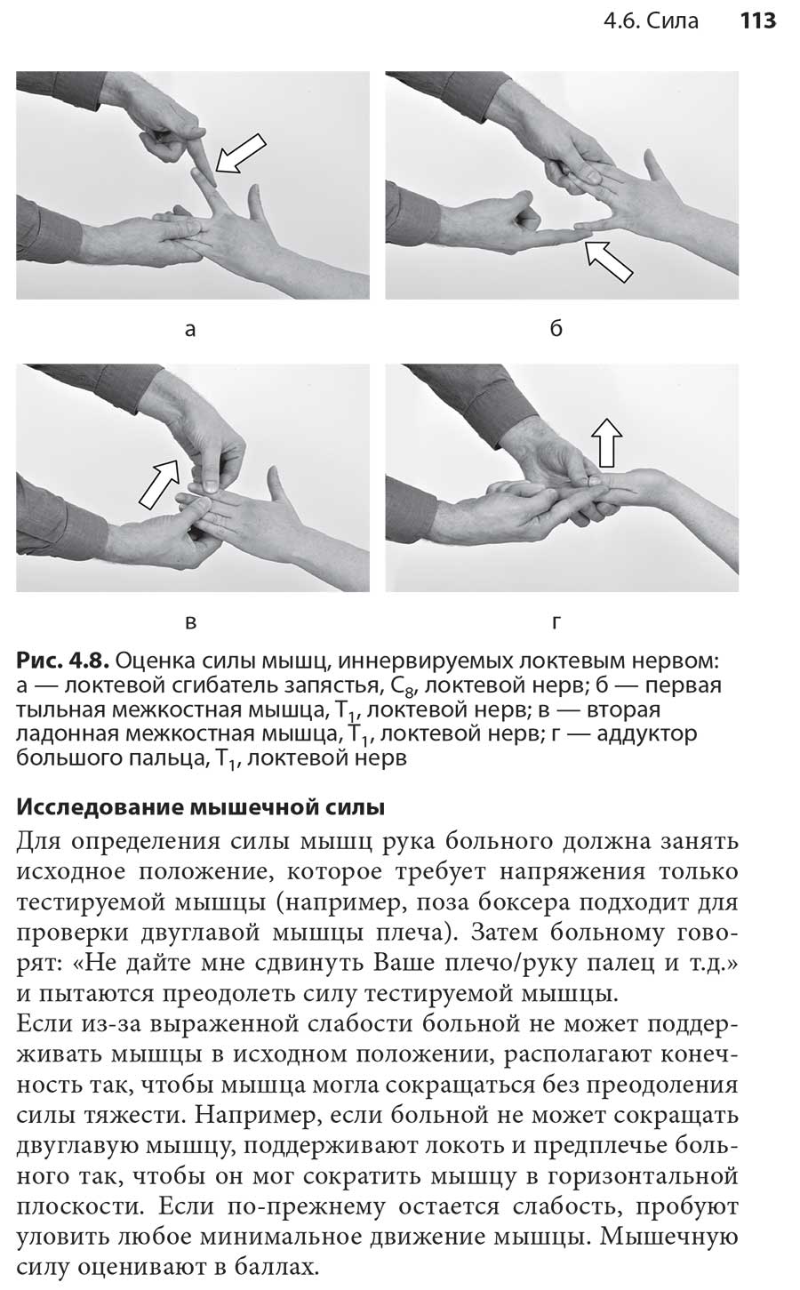 Рис. 4.8. Оценка силы мышц, иннервируемых локтевым нервом