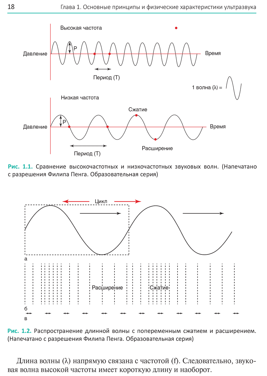 Рис. 1.2. Распространение длинной волны с попеременным сжатием и расширением.