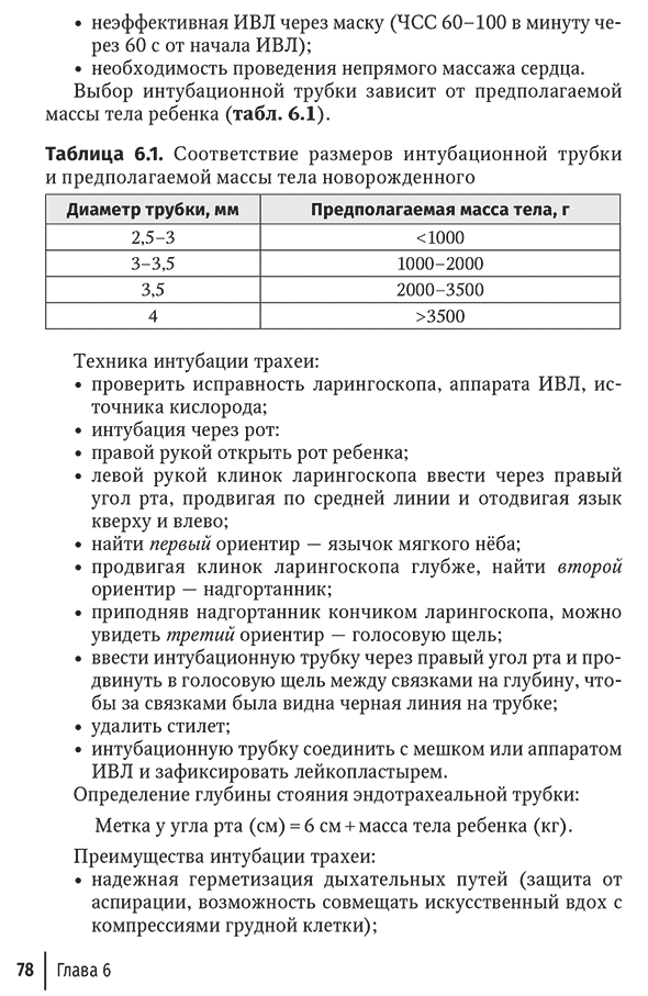 Соответствие размеров интубационной трубки и предполагаемой массы тела новорожденного